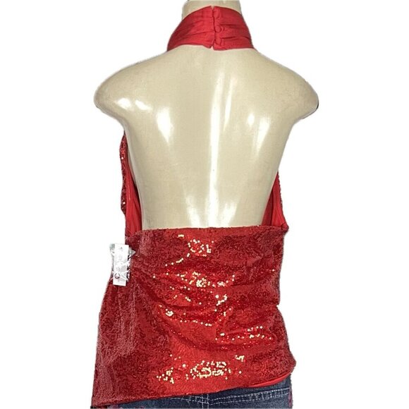 New York & Company +4X Red Sequin Lined High Satin Neck Open Back Halter Blouse - Picture 4 of 6
